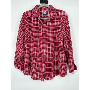 Lands End Red Tartan Plaid Flannel Shirt Button Up Cotton Size 2X 20W-22W Womens